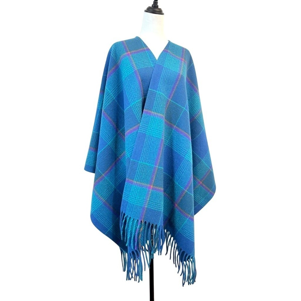 Vintage Pendleton Virgin Wool Plaid Poncho Cape Blue Teal Purple Fringe USA